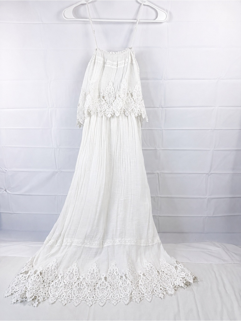 Moon River XS White Crochet Lace Boho Maxi Dress Adjustable Straps